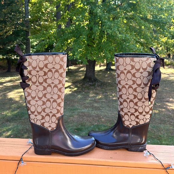 Coach Tristee Classic Logo Signature Lace Up Lined Rain Boots - Picture 1 of 16